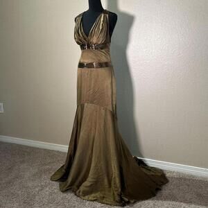 Jovani Vintage Bronze Gold Mermaid Hem Gown Bombshell Designer Floor  Y2K Dress